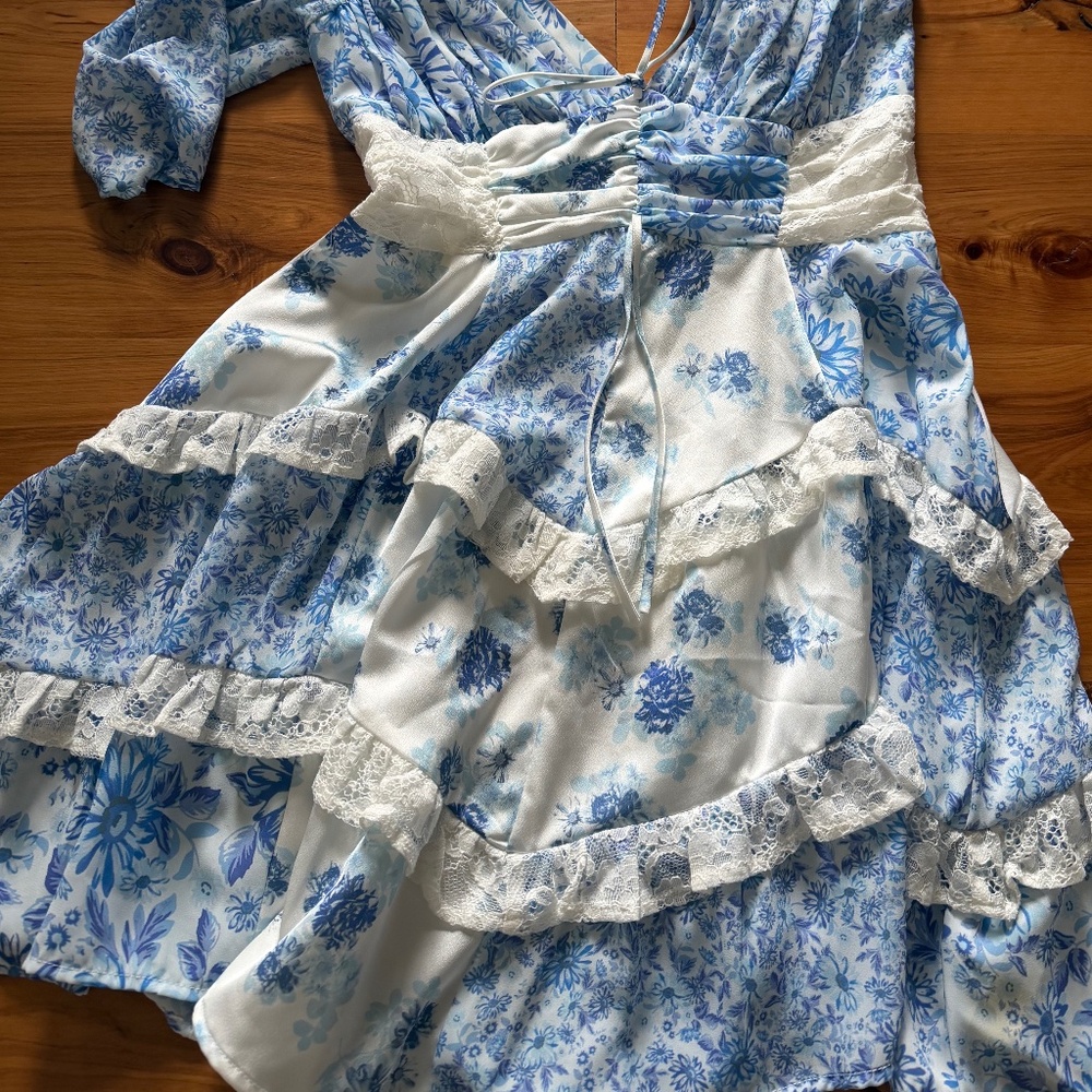 For Love & Lemons Rosalyn Mini Dress in a blue floral pattern.